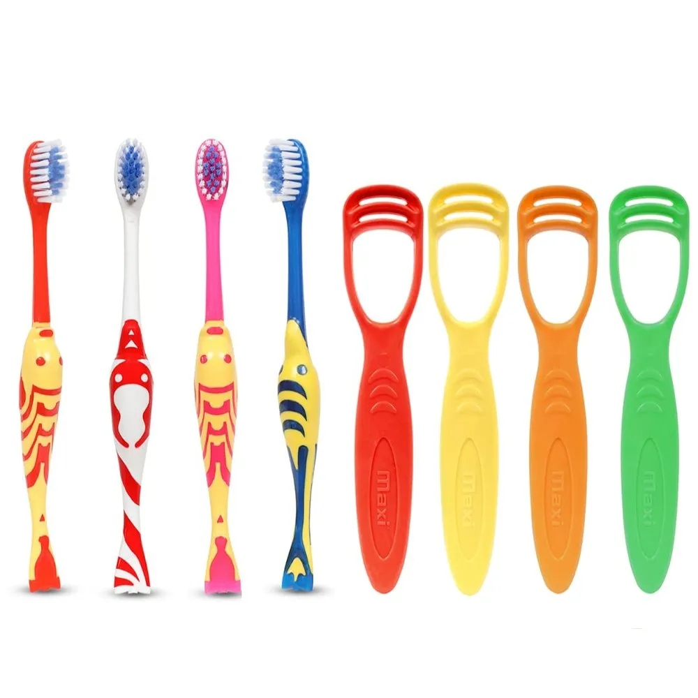 MAXI Goldie Junior kids toothbrushes with four tongue cleaners