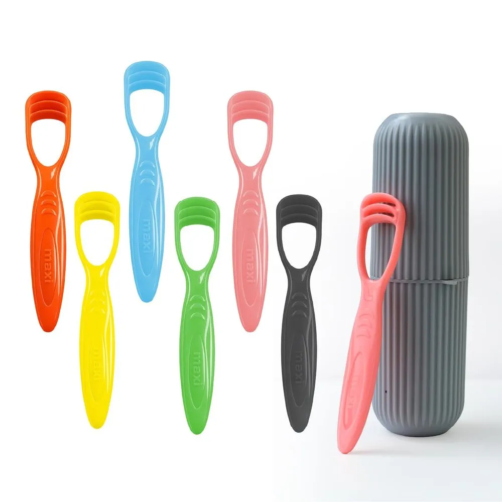 MAXI handle tongue cleaners in five colours with a travel case