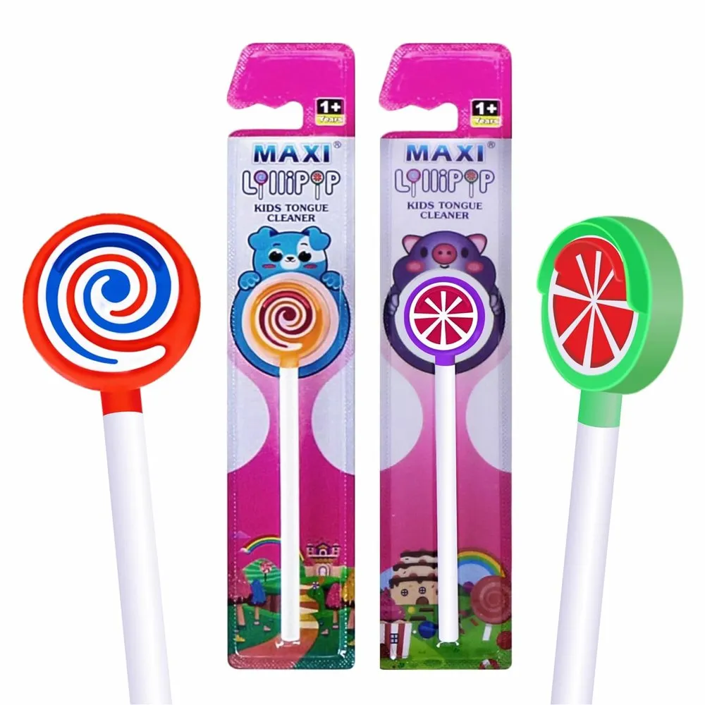 MAXI Lollipop baby tongue cleaners beside their retail packs