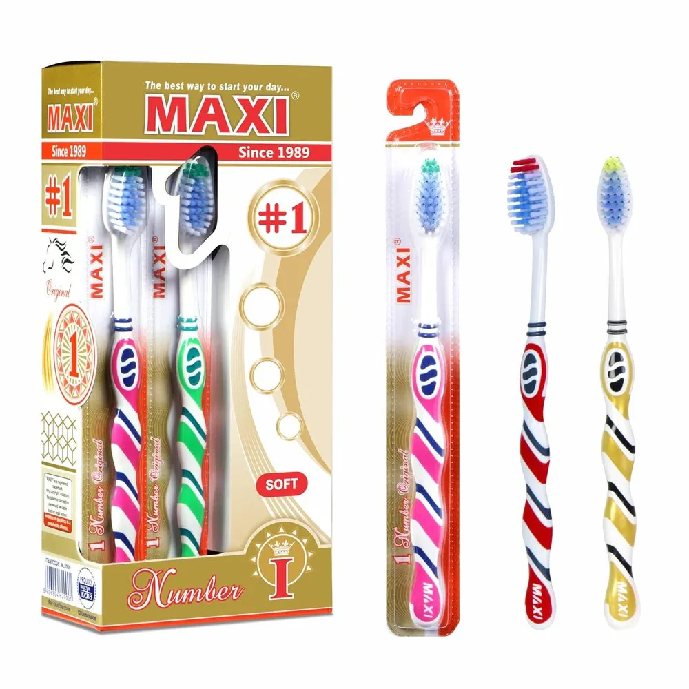 MAXI 1 Number soft toothbrushes beside their retail pack