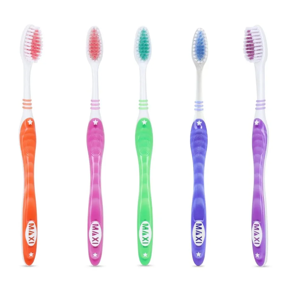 Five MAXI Tiger soft toothbrushes in different colours