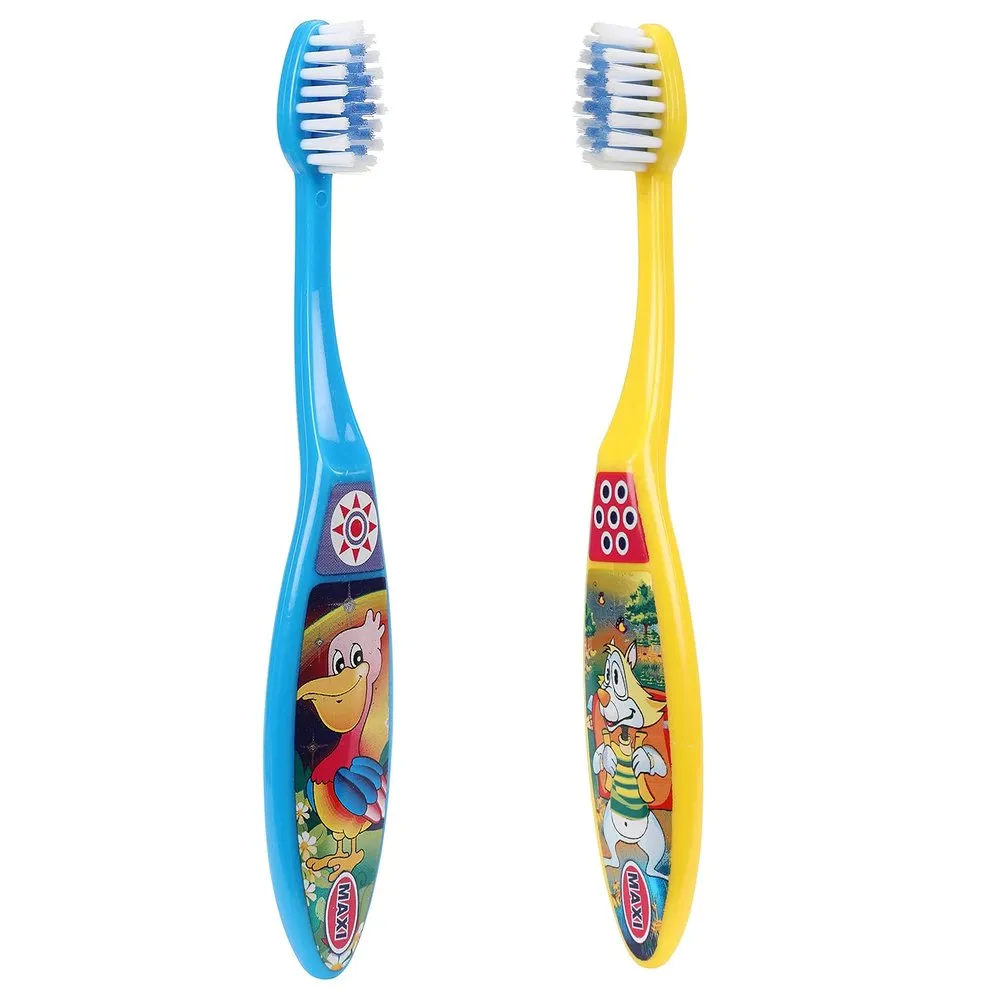 Two MAXI Toffee Junior kids toothbrushes with cartoon handles